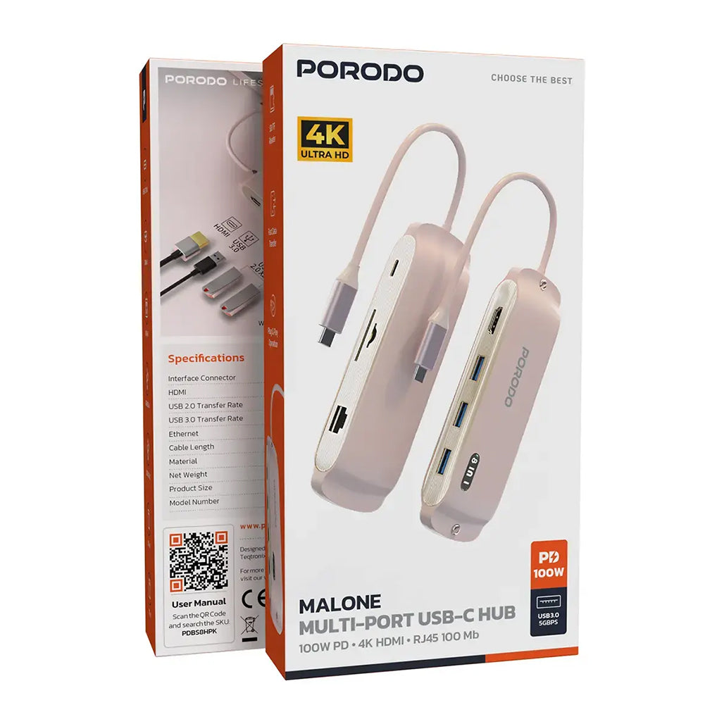 A Photo Of Porodo Malone Multi-Port USB-C Hub - Pink