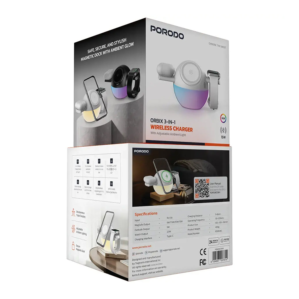 A Photo Of Porodo Orbix 3-In-1 Wireless Charger with Adjustable Ambient Light