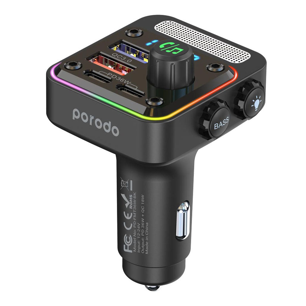 A Photo Of Porodo Quick-Charge FM Car Charger ( Dual USB-C & USB-A ) PD 36W - Black
