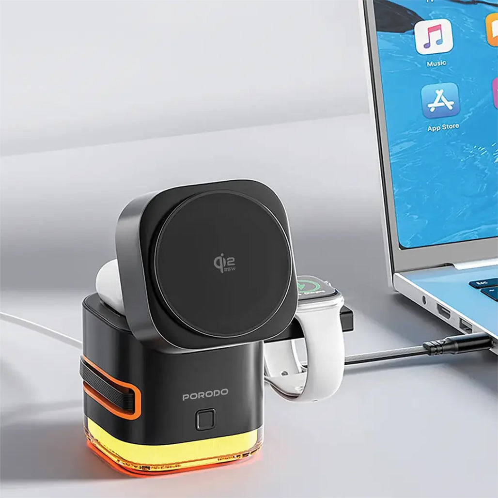 A Photo Of Porodo Xpert 5-In-1 Retractable Wireless Charger with LED Light - Black