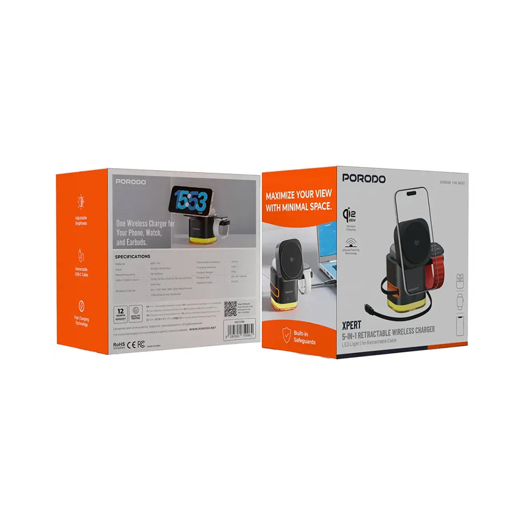 A Photo Of Porodo Xpert 5-In-1 Retractable Wireless Charger with LED Light - Black