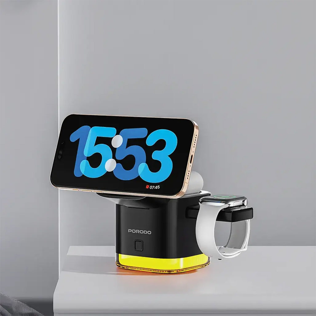 A Photo Of Porodo Xpert 5-In-1 Retractable Wireless Charger with LED Light - Black