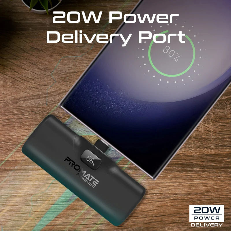 A Photo Of Promate PowerUp-C - 5000mAh 20W USB-C Power Bank with Built-In USB-C Connector