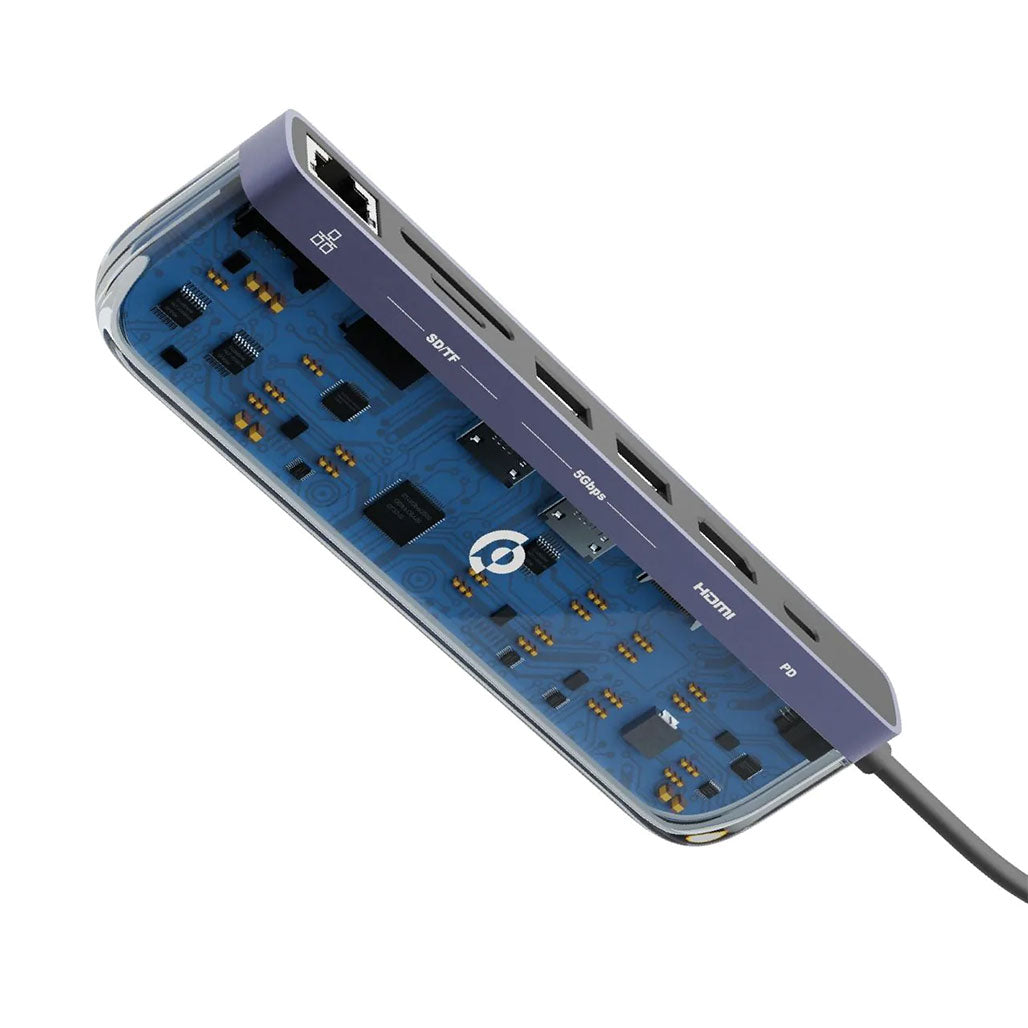 A Photo Of Powerology 7-in-1 USB-C Multi Hub Crystalline Series - 4K HDMI, 1000Mbps Ethernet, 100W PD Charging
