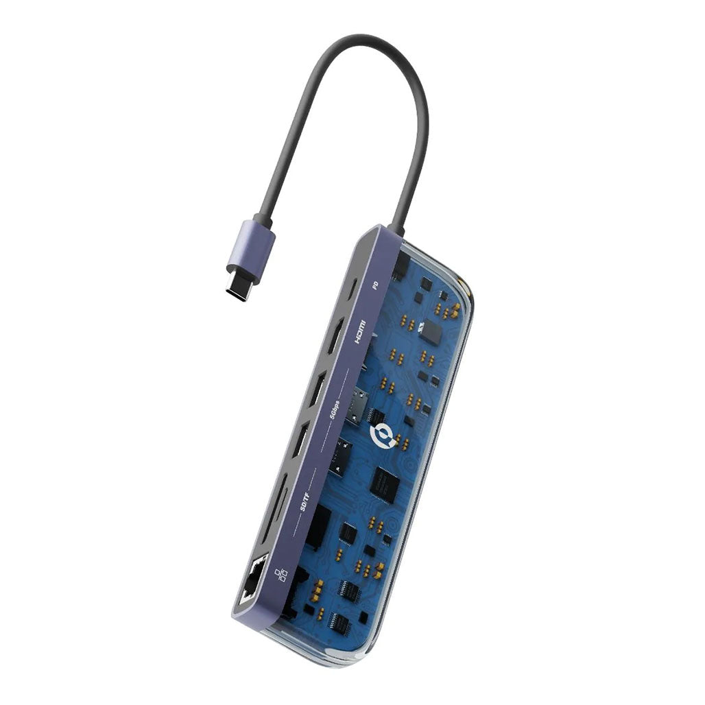 A Photo Of Powerology 7-in-1 USB-C Multi Hub Crystalline Series - 4K HDMI, 1000Mbps Ethernet, 100W PD Charging