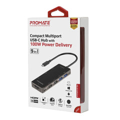 A Photo Of Promate PrimeHub-Go | 9-in-1 Multiport USB-C Hub with 100W Power Delivery, 4K HDMI, Ethernet, and More