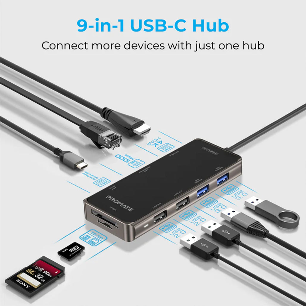 A Photo Of Promate PrimeHub-Go | 9-in-1 Multiport USB-C Hub with 100W Power Delivery, 4K HDMI, Ethernet, and More