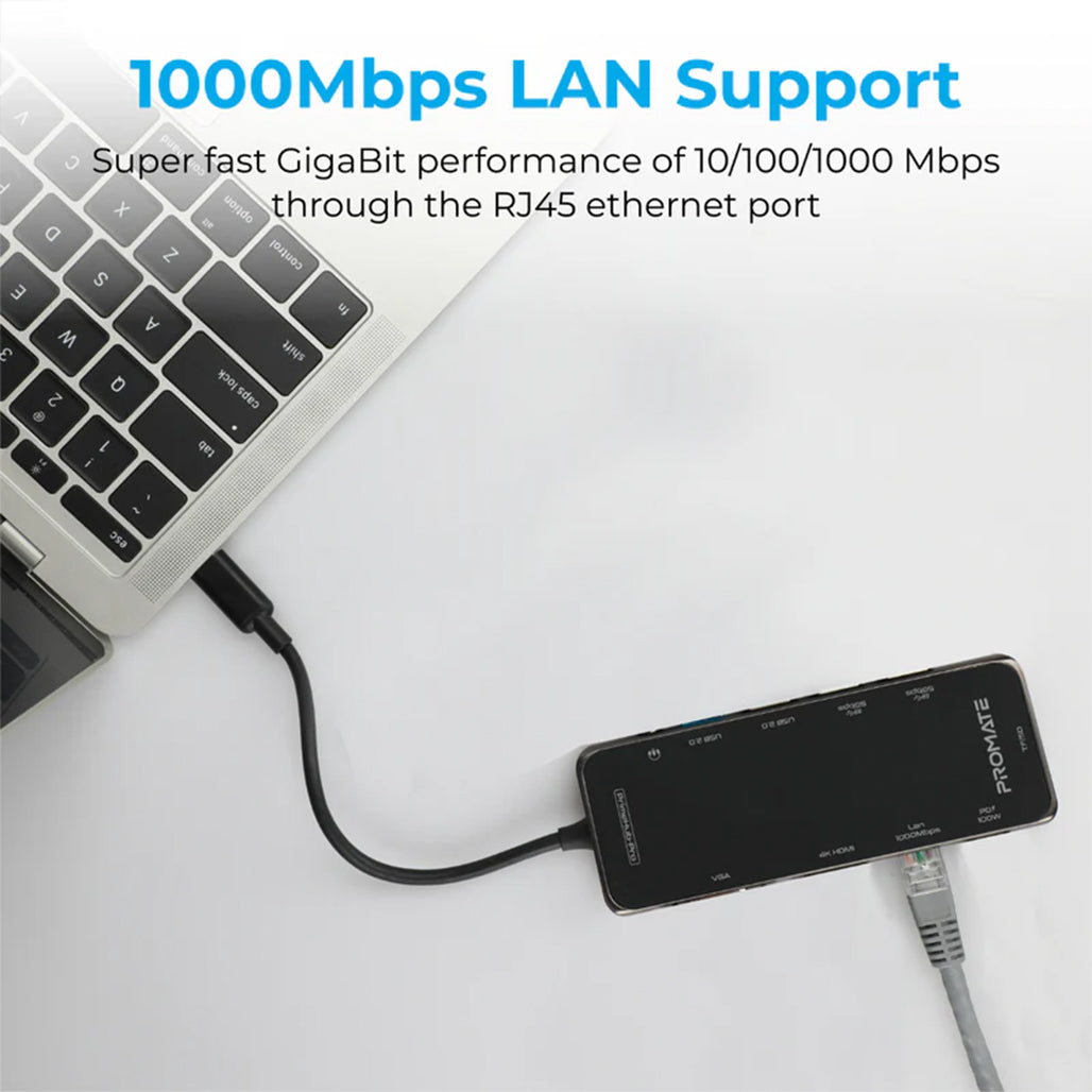 A Photo Of Promate PrimeHub-Pro Ultra-Fast Multiport USB-C Hub with 100W Power Delivery, 4K HDMI, VGA, Ethernet, USB Ports, SD/TF Card Reader