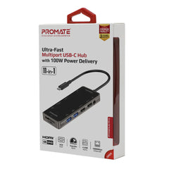 A Photo Of Promate PrimeHub-Pro Ultra-Fast Multiport USB-C Hub with 100W Power Delivery, 4K HDMI, VGA, Ethernet, USB Ports, SD/TF Card Reader