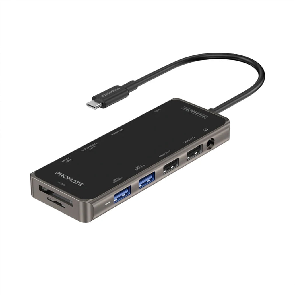A Photo Of Promate PrimeHub-Pro Ultra-Fast Multiport USB-C Hub with 100W Power Delivery, 4K HDMI, VGA, Ethernet, USB Ports, SD/TF Card Reader