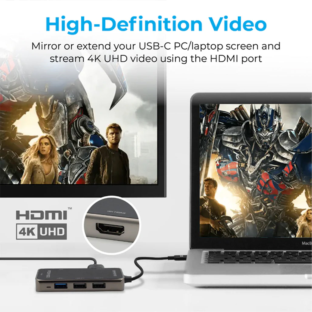 A Photo Of Promate Ultra-Fast Compact Multi-Port USB-C Hub | 4K HDMI, 3 USB 3.0 Ports, USB-C, Dual Card Reader | High-Speed Data Transfer