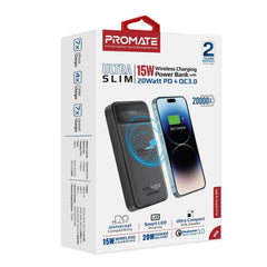 A Photo Of Promate AuraTorq-20 Ultra Slim 15W Wireless Charging Power Bank | 20W PD & QC3.0 Fast Charger