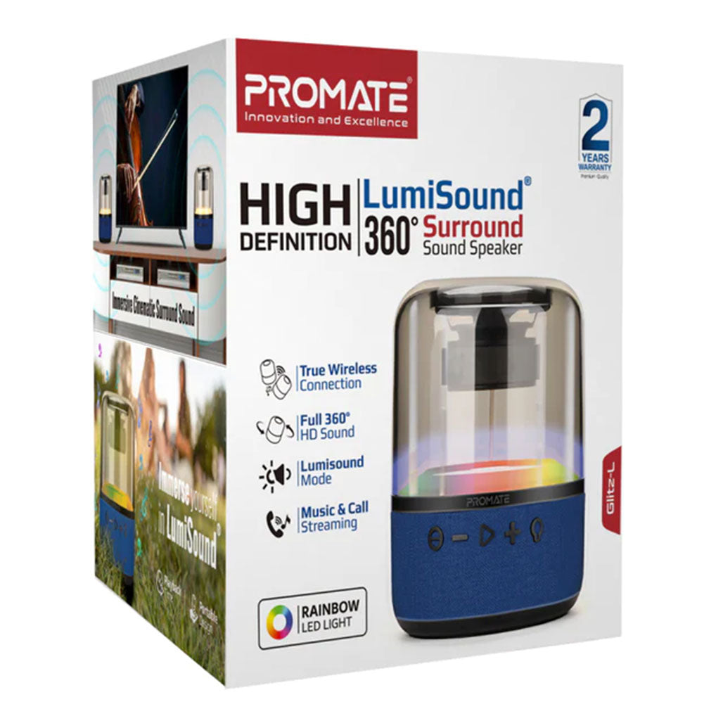 A Photo Of Promate Glitz-L HD - LumiSound 360° Surround Sound Speaker - Blue