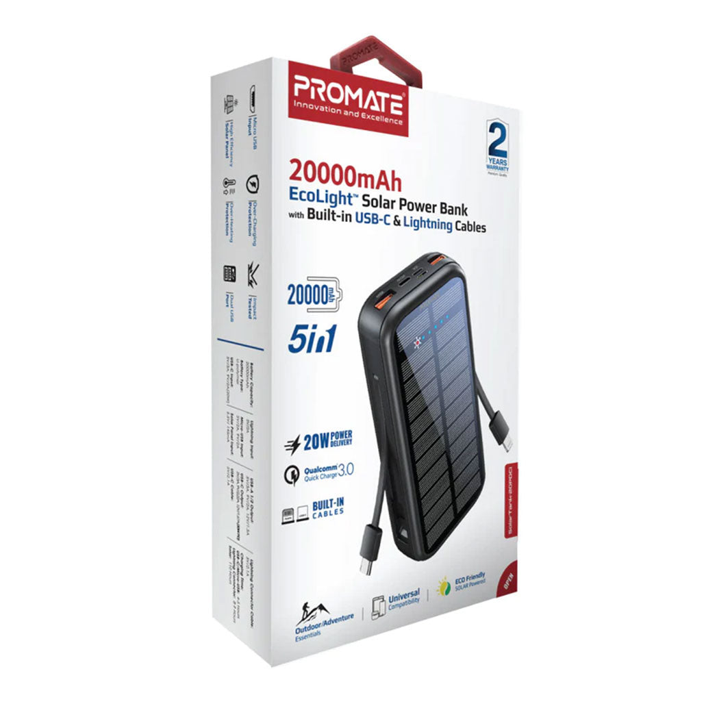 A Photo Of Promate SolarTank-20PDCi 20000mAh EcoLight™ Solar Power Bank with Built-in USB-C & Lightning Cables - Rugged, Quick Charging, Multi-Device Support