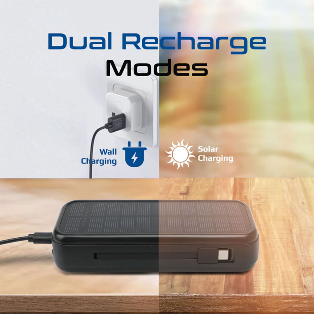 A Photo Of Promate SolarTank-20PDCi 20000mAh EcoLight™ Solar Power Bank with Built-in USB-C & Lightning Cables - Rugged, Quick Charging, Multi-Device Support