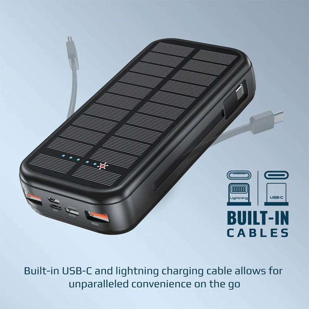 A Photo Of Promate SolarTank-20PDCi 20000mAh EcoLight™ Solar Power Bank with Built-in USB-C & Lightning Cables - Rugged, Quick Charging, Multi-Device Support