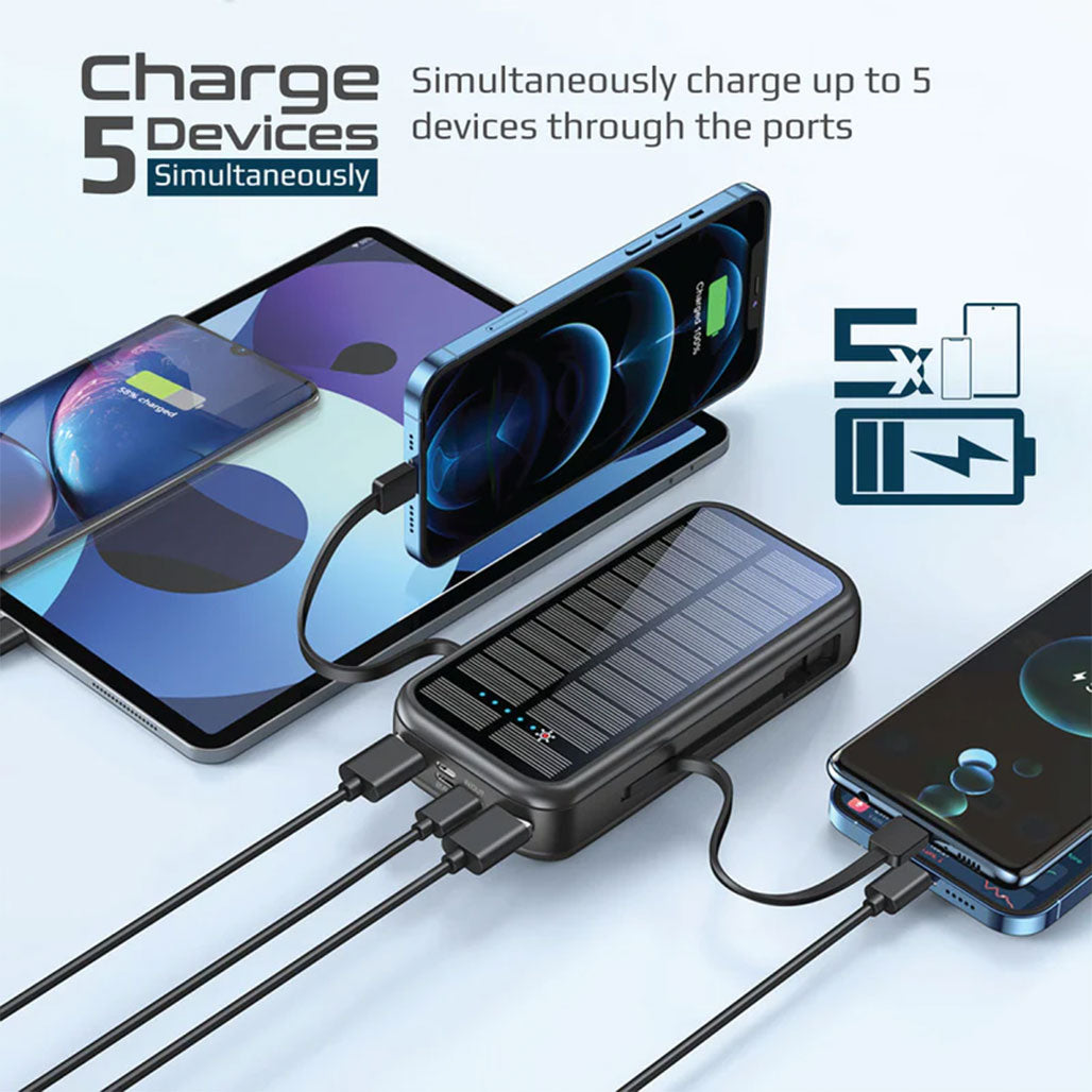 A Photo Of Promate SolarTank-20PDCi 20000mAh EcoLight™ Solar Power Bank with Built-in USB-C & Lightning Cables - Rugged, Quick Charging, Multi-Device Support