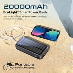 A Photo Of Promate SolarTank-20PDCi 20000mAh EcoLight™ Solar Power Bank with Built-in USB-C & Lightning Cables - Rugged, Quick Charging, Multi-Device Support