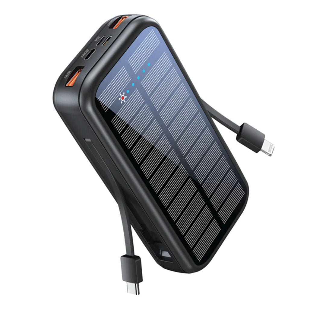 A Photo Of Promate SolarTank-20PDCi 20000mAh EcoLight™ Solar Power Bank with Built-in USB-C & Lightning Cables - Rugged, Quick Charging, Multi-Device Support