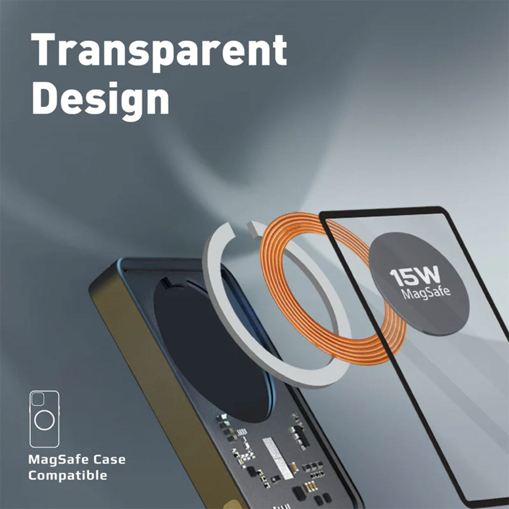 A Photo Of Promate TransPack-5 Transparent 15W MagSafe Wireless Charging Power Bank - 5000mAh with 20W Power Delivery & Quick Charge 3.0
