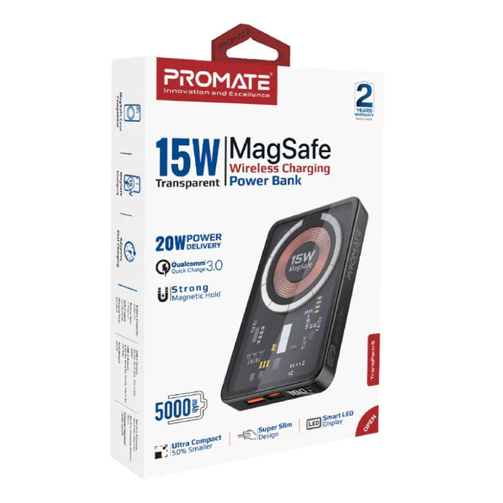 A Photo Of Promate TransPack-5 Transparent 15W MagSafe Wireless Charging Power Bank - 5000mAh with 20W Power Delivery & Quick Charge 3.0