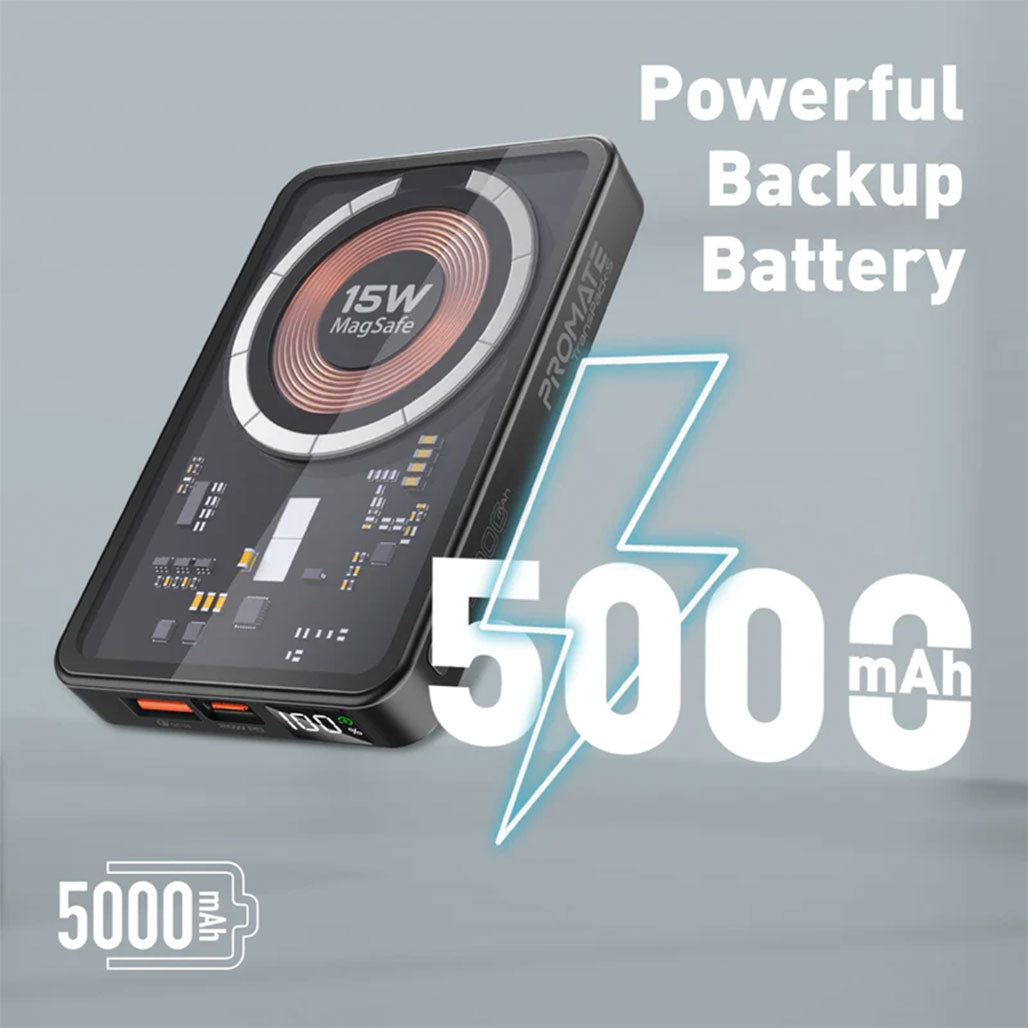 A Photo Of Promate TransPack-5 Transparent 15W MagSafe Wireless Charging Power Bank - 5000mAh with 20W Power Delivery & Quick Charge 3.0