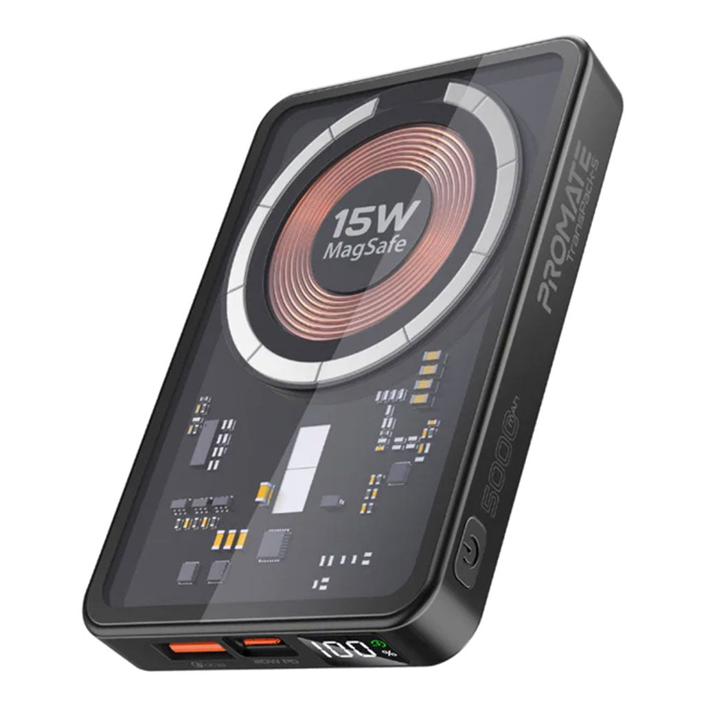 A Photo Of Promate TransPack-5 Transparent 15W MagSafe Wireless Charging Power Bank - 5000mAh with 20W Power Delivery & Quick Charge 3.0