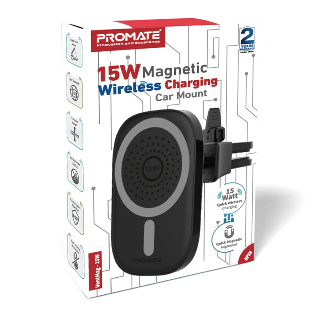 A Photo Of Promate VentMag-15W Magnetic Wireless Charging Car Mount | 15W Fast Charging, MagSafe Compatible, No-Arm Design