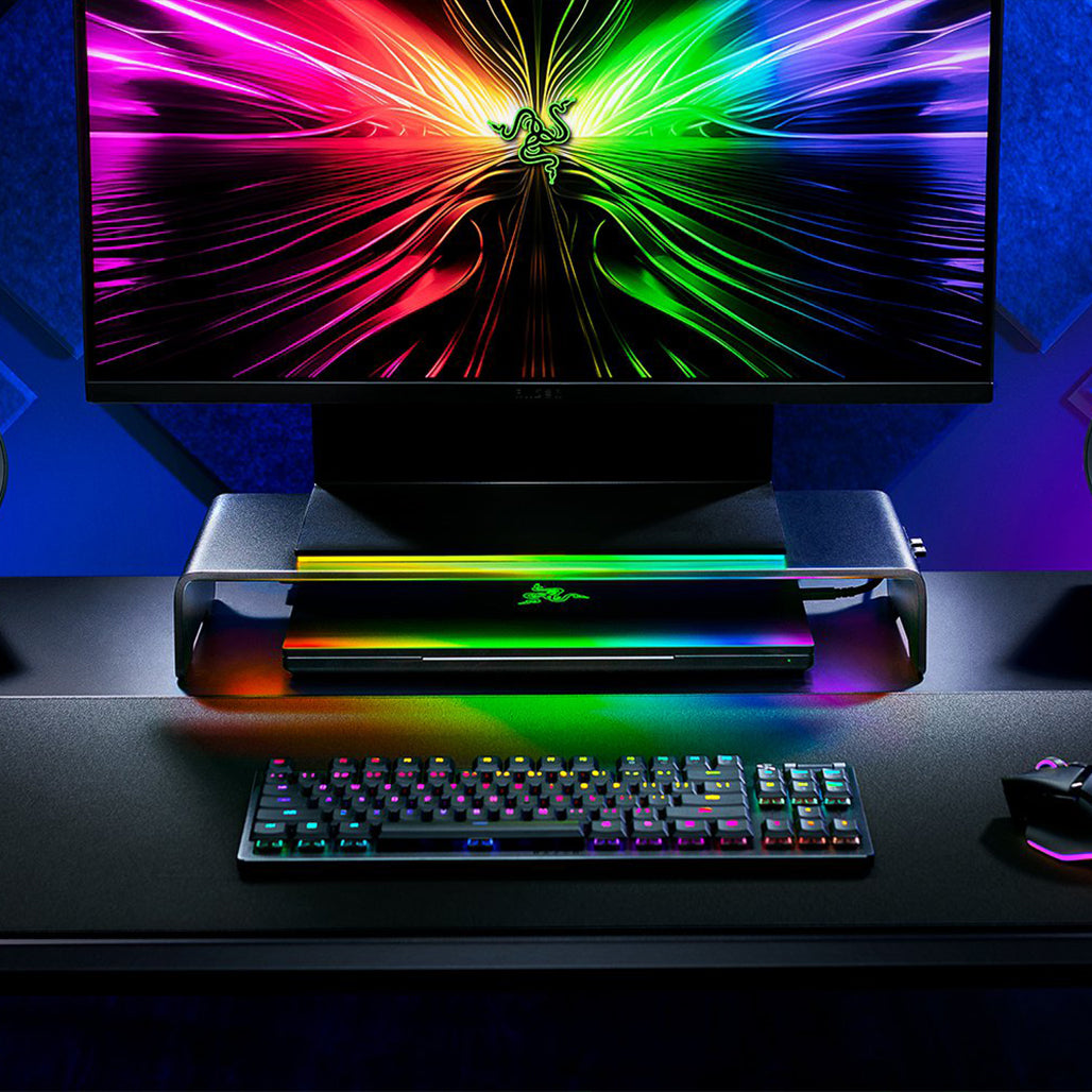 A Photo Of Razer Monitor Stand Chroma – RGB Monitor Riser with USB-C Hub & Aluminum Desk Organizer