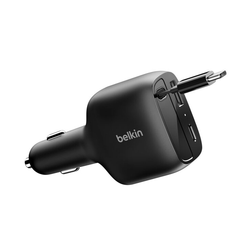A Photo Of Belkin BoostCharge 75W Retractable Car Charger with USB-C Cable & Dual Ports