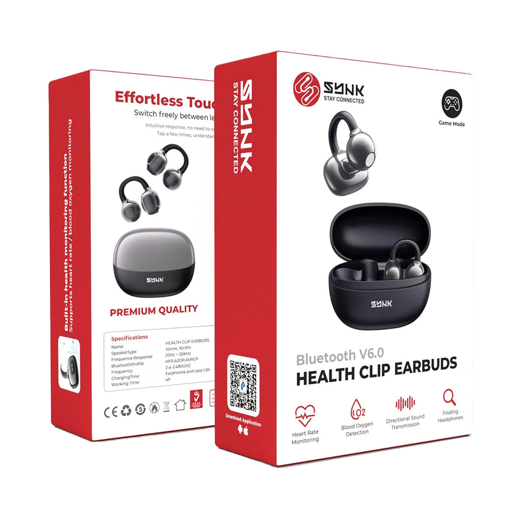 A Photo Of SYNK Health Clip Earbuds and health tracking