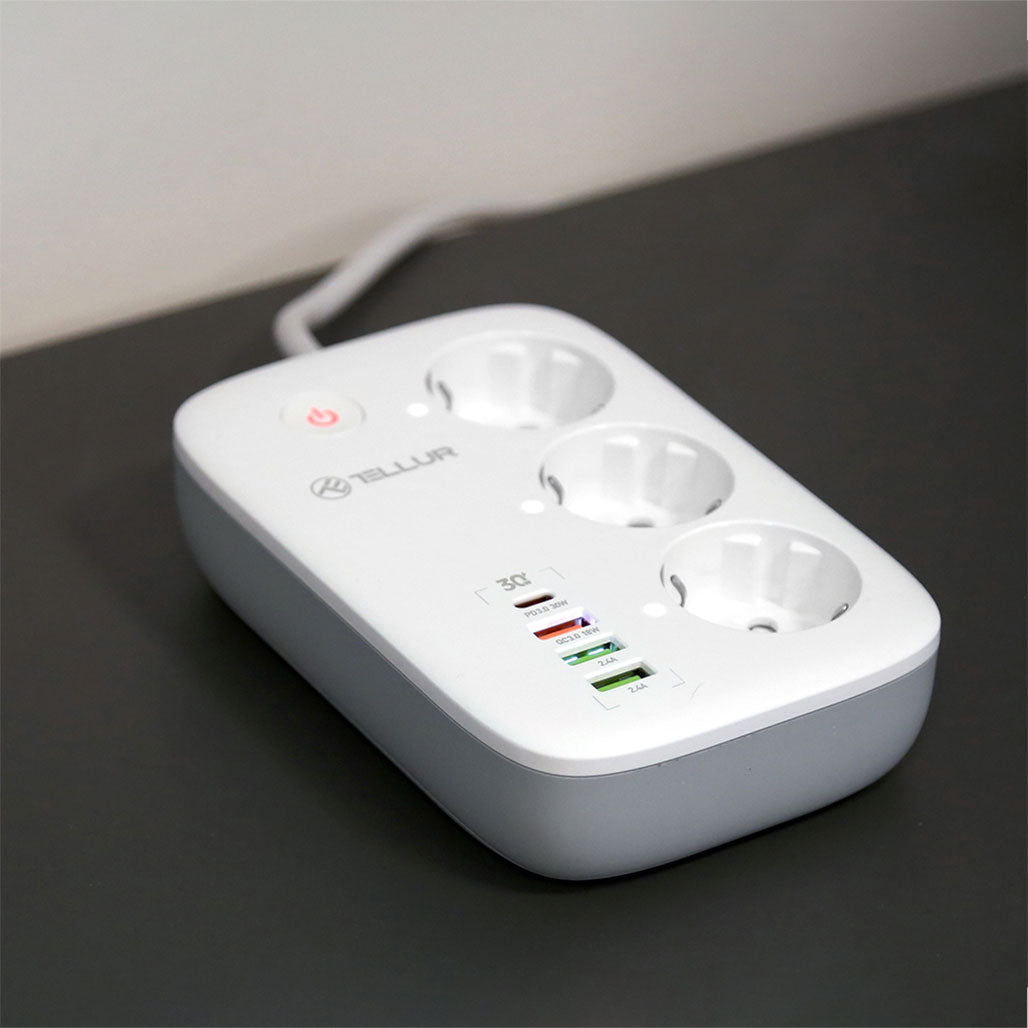 A Photo Of Tellur Smart WiFi Power Strip with 3 Outlets, PD30W, QC18W, 2xUSB 2.4A, 2500W, 10A, 2m Cable - White