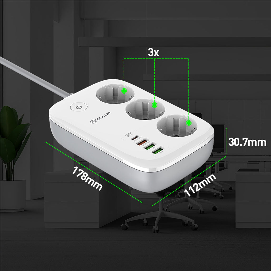 A Photo Of Tellur Smart WiFi Power Strip with 3 Outlets, PD30W, QC18W, 2xUSB 2.4A, 2500W, 10A, 2m Cable - White