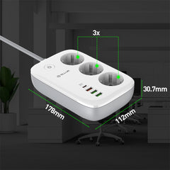 A Photo Of Tellur Smart WiFi Power Strip with 3 Outlets, PD30W, QC18W, 2xUSB 2.4A, 2500W, 10A, 2m Cable - White