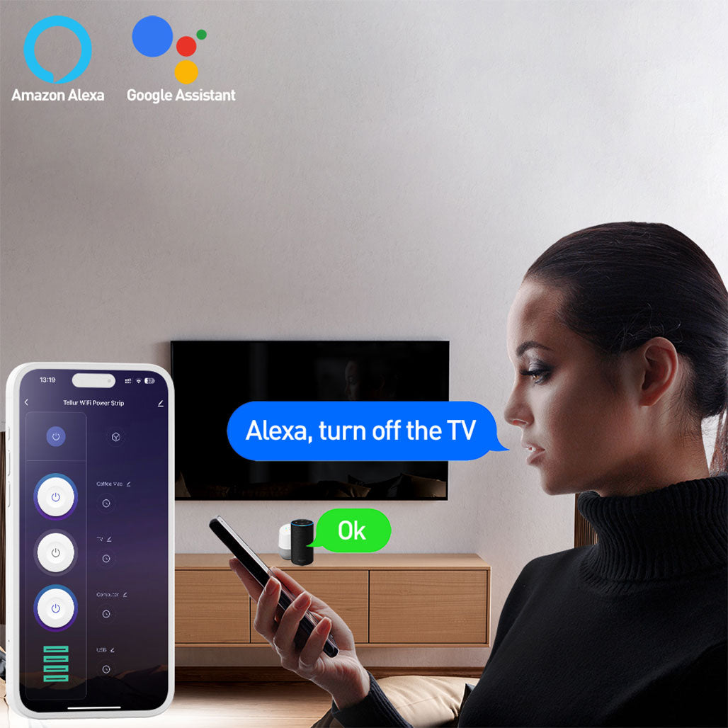 A Photo Of Tellur Smart WiFi Power Strip with 3 Outlets, PD30W, QC18W, 2xUSB 2.4A, 2500W, 10A, 2m Cable - White