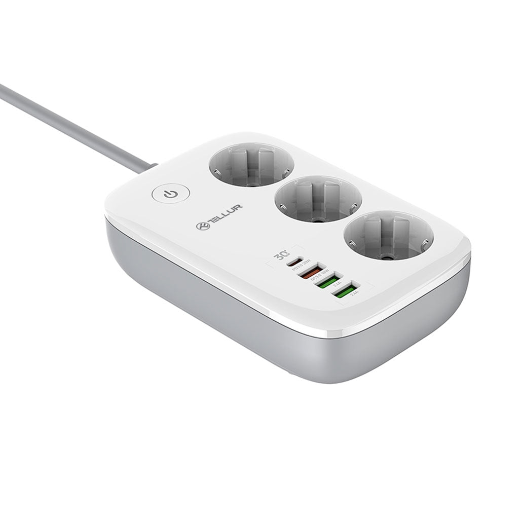 A Photo Of Tellur Smart WiFi Power Strip with 3 Outlets, PD30W, QC18W, 2xUSB 2.4A, 2500W, 10A, 2m Cable - White