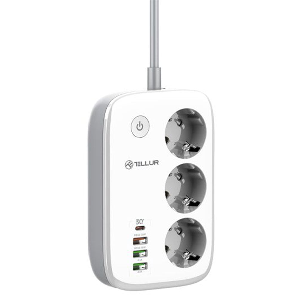 A Photo Of Tellur Smart WiFi Power Strip with 3 Outlets, PD30W, QC18W, 2xUSB 2.4A, 2500W, 10A, 2m Cable - White