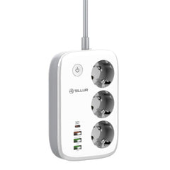 A Photo Of Tellur Smart WiFi Power Strip with 3 Outlets, PD30W, QC18W, 2xUSB 2.4A, 2500W, 10A, 2m Cable - White