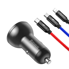 A Photo Of Baseus Car Charger Dual USB 4.8A 24W with 3-in-1 Cable 1m - TZCCBX-0G