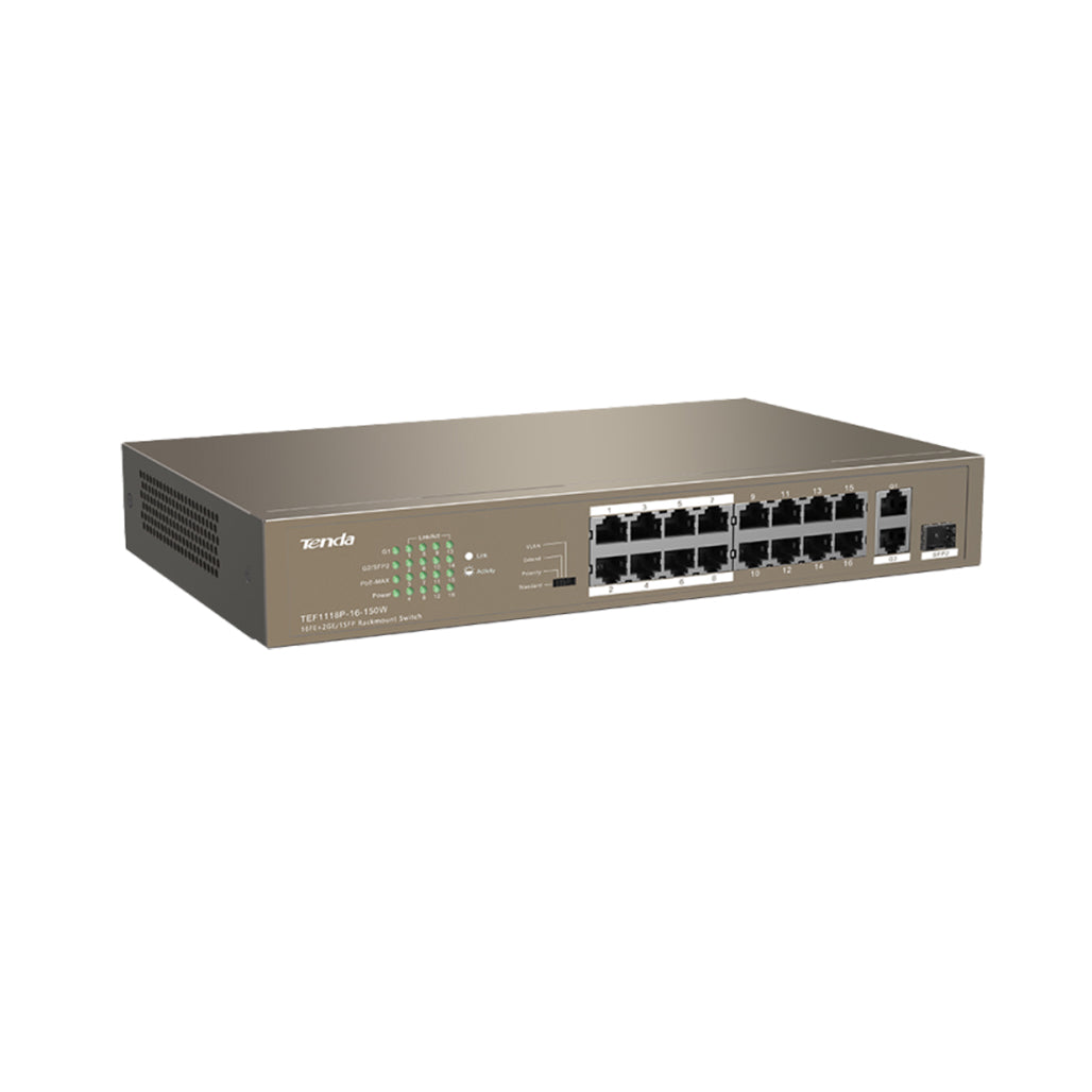 A Photo Of Tenda TEF1118P-16-150W 18-Port Smart PoE Switch – 16 PoE Ports + 2 Gigabit Uplinks + SFP