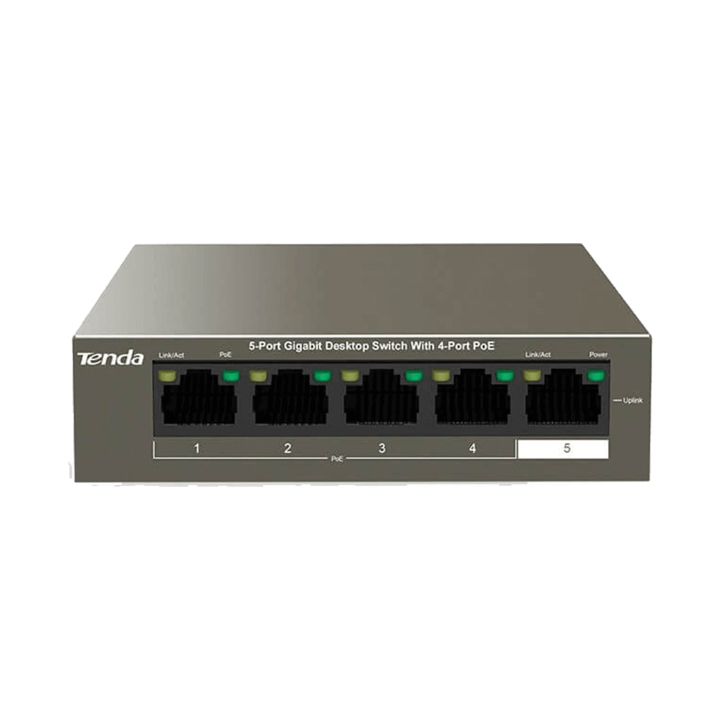 A Photo Of Tenda TEG1105P-4-63W 5-Port Gigabit PoE+ Switch – 4 PoE+ Ports + 1 Uplink, 58 W Budget
