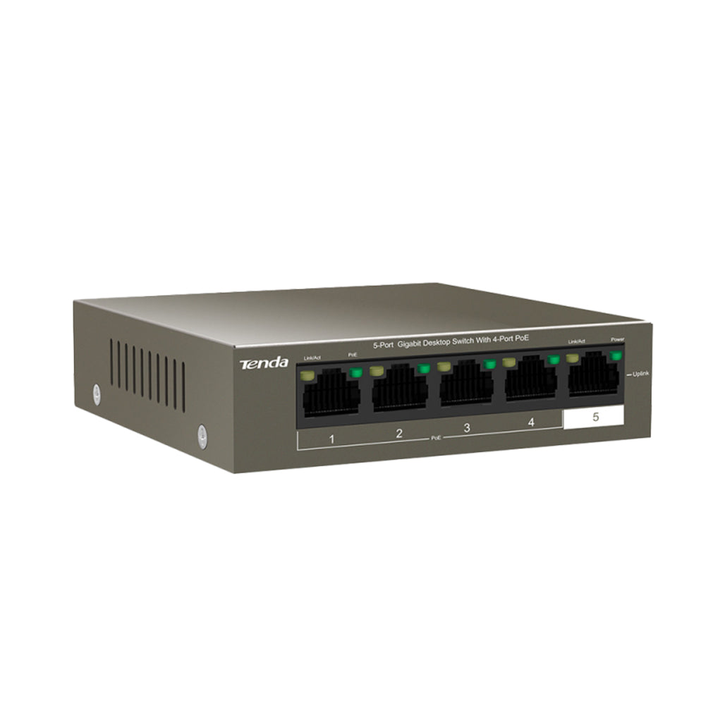 A Photo Of Tenda TEG1105P-4-63W 5-Port Gigabit PoE+ Switch – 4 PoE+ Ports + 1 Uplink, 58 W Budget