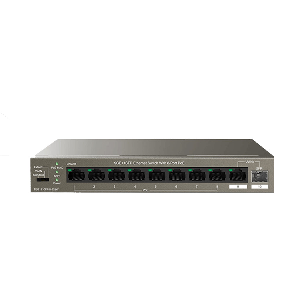 A Photo Of Tenda TEG1110PF-8-120W 10-Port Gigabit Smart PoE Switch – 8 PoE Ports + Uplink + AI Power Management