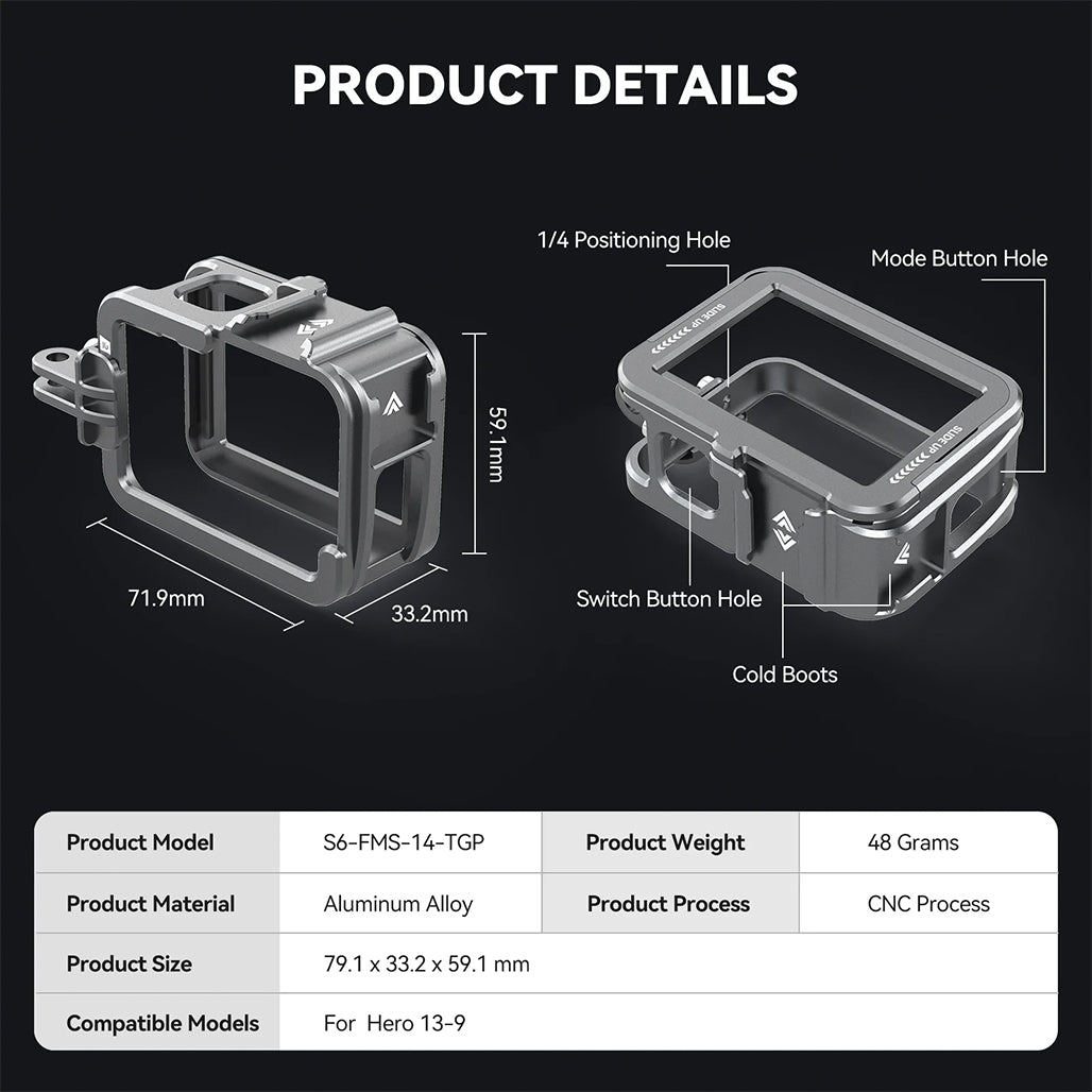 A Photo Of TELESIN Aluminum Protective Cage for GoPro Hero 13 – Full Body Housing with Cold Shoe Mount, HDMI/USB Access, Quick Release Compatible
