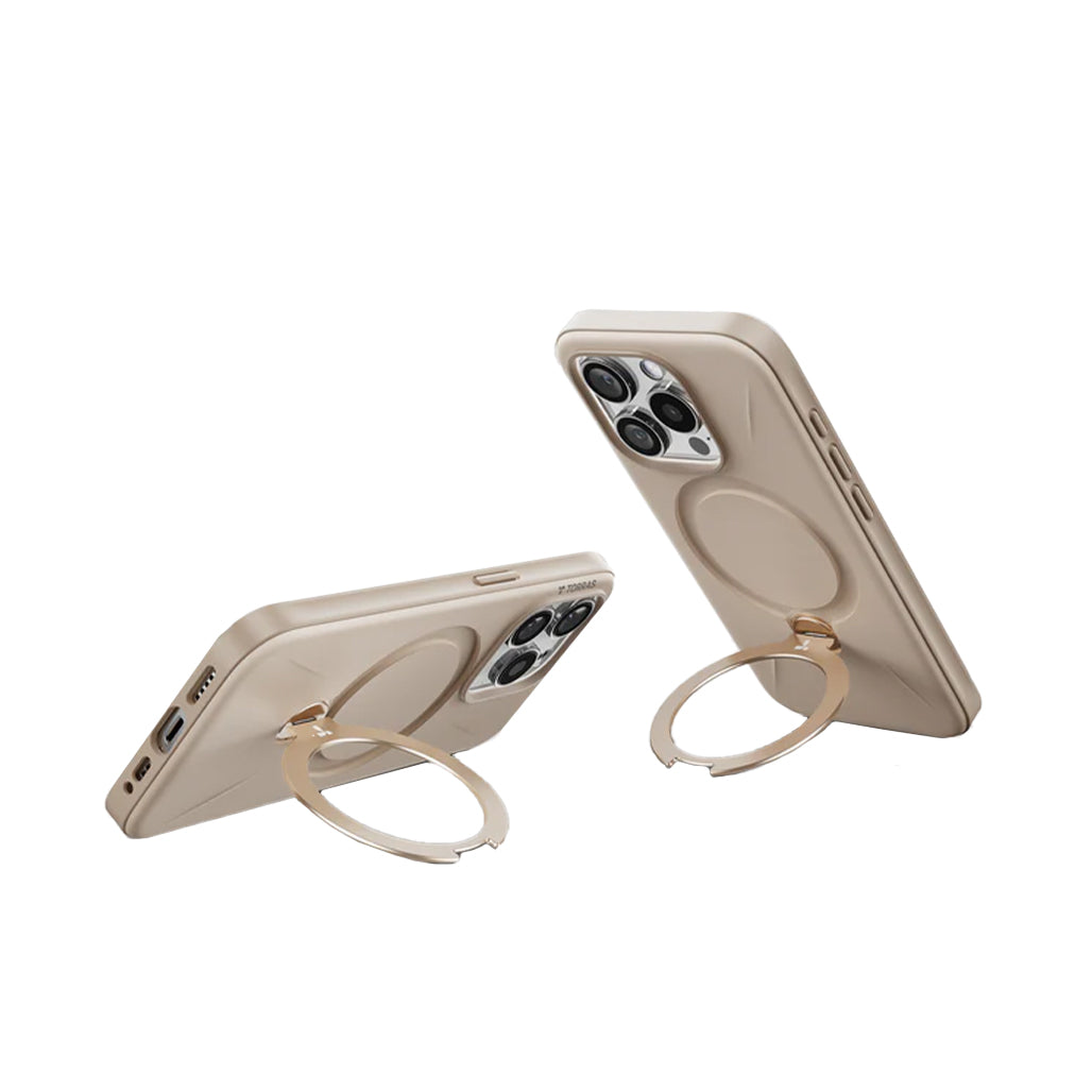 A Photo Of Torras Ostand 360° Spin Fusion MagSafe Case for iPhone 16 Pro - Desert Gold | Lens Protection and Enhanced Magnetic Strength