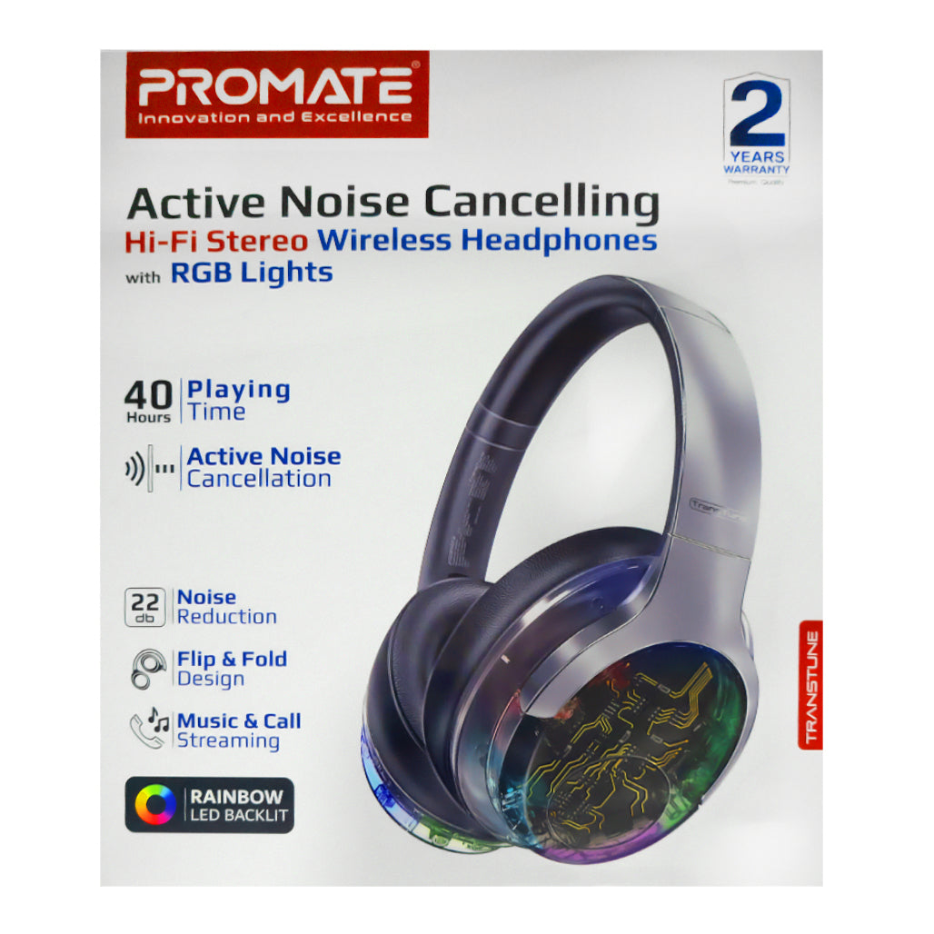 A Photo Of Promate Transtune - ANC Wireless Headphones with RGB Lights | Silver