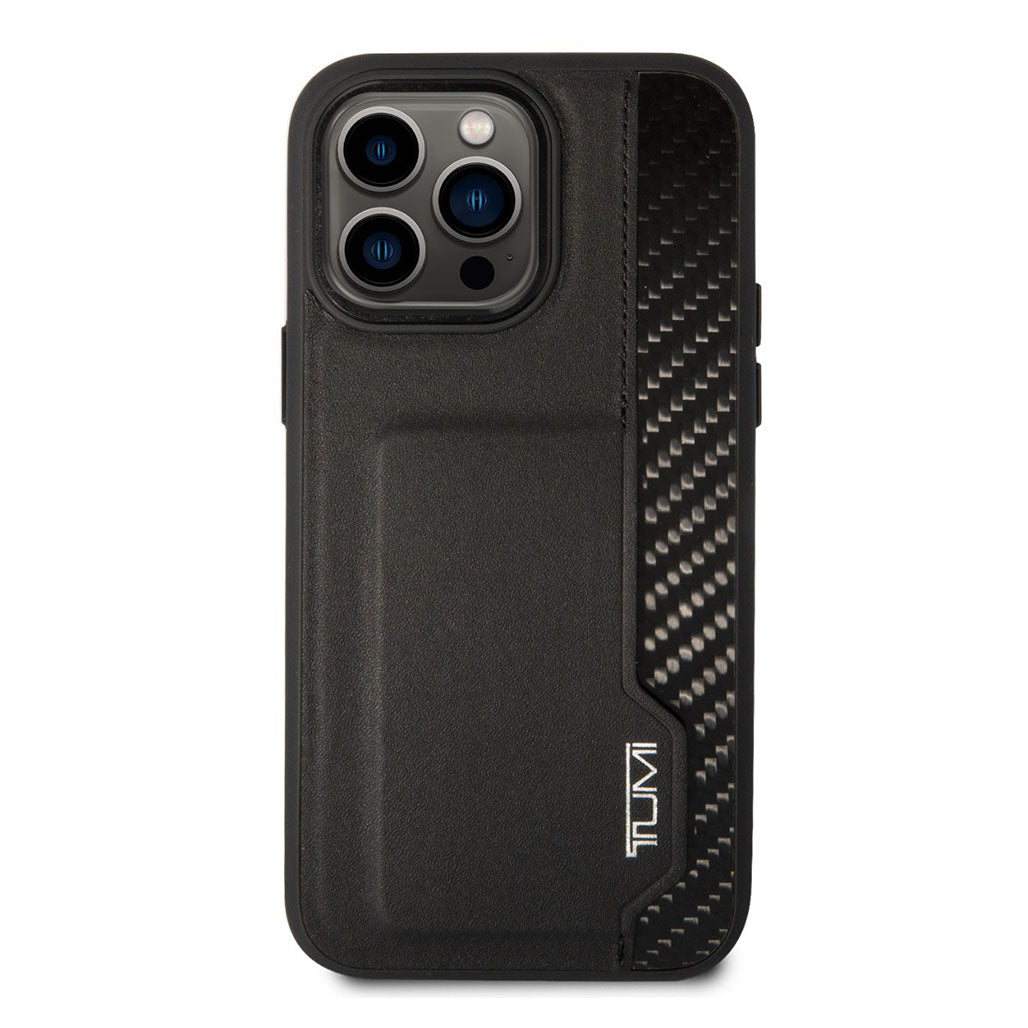 A Photo Of Tumi HC Leather & Shiny Carbon Fiber Case With Vertical Card Slot For iPhone 14 Pro