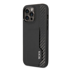 A Photo Of Tumi HC Leather & Shiny Carbon Fiber Case With Vertical Card Slot For iPhone 14 Pro