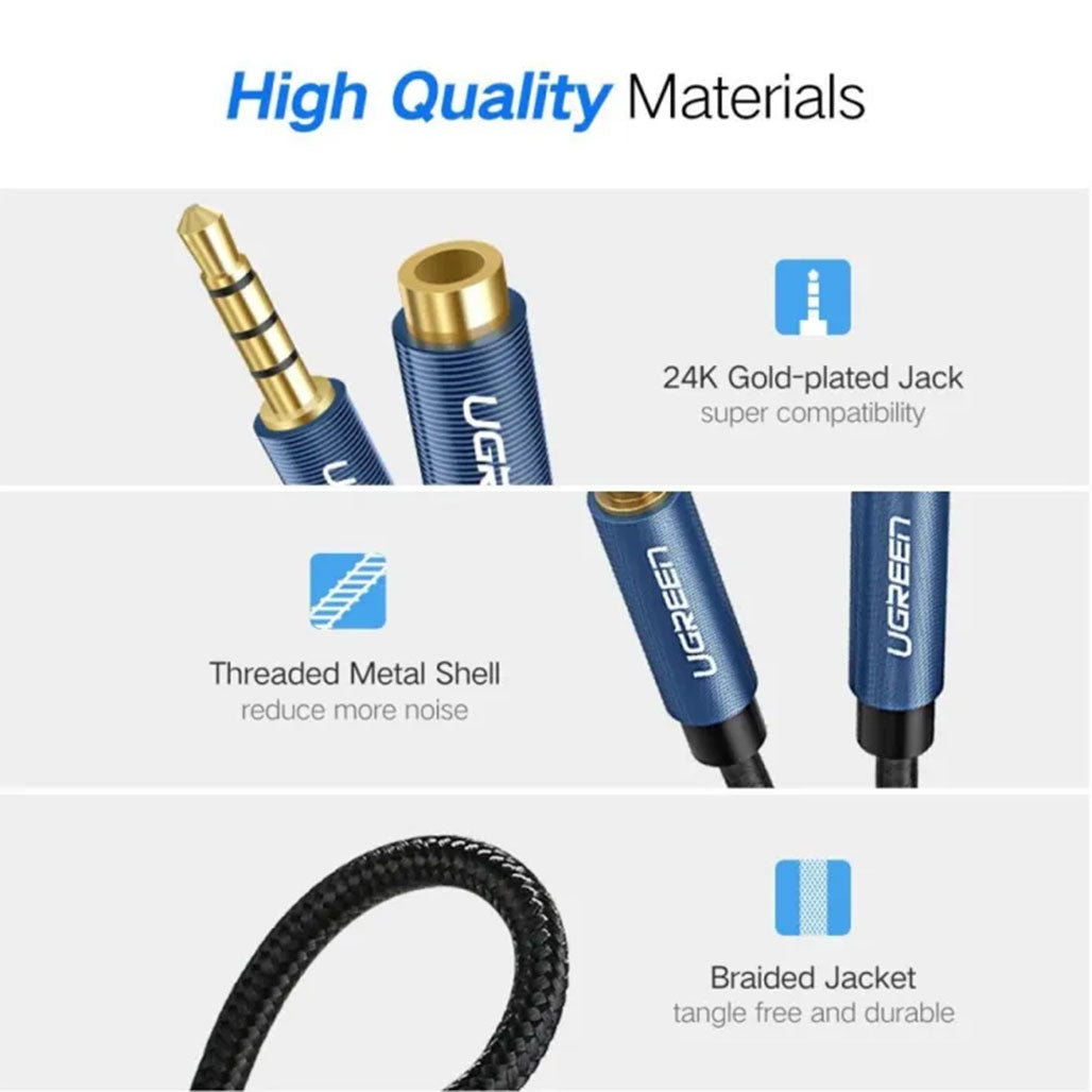 A Photo Of UGreen 3.5mm AUX Braided Cable Male to Female – High-Quality Audio Extension with Mic Support
