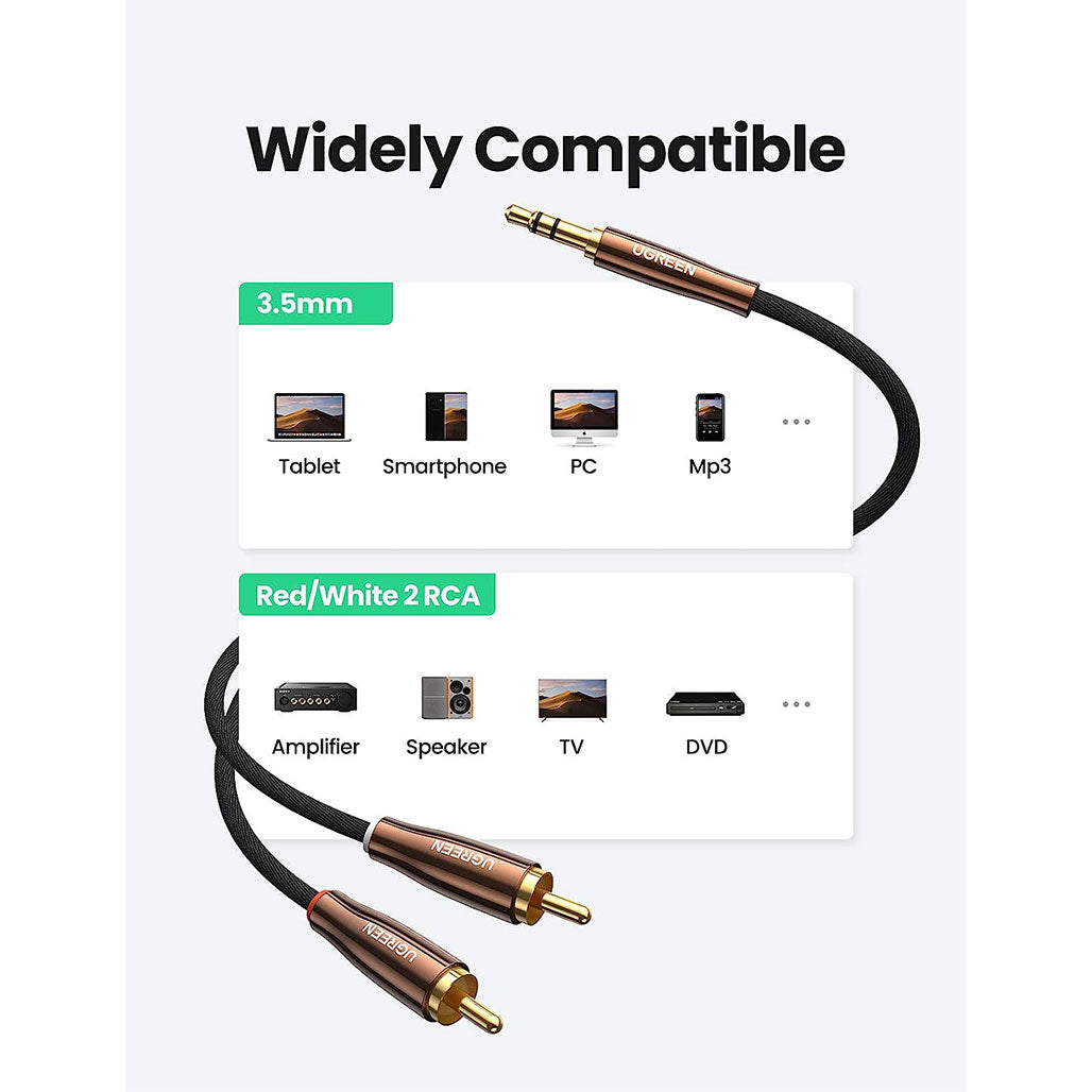 A Photo Of UGreen 3.5mm AUX Male to 2 Male RCA Braided Cable – High-Fidelity Audio Adapter, 6FT